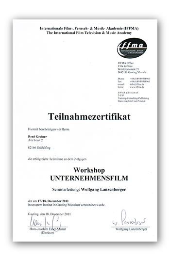 Zertifikat Unternehmensfilm Workshop
